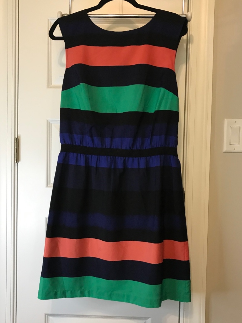 LOFT navy blue striped sleeveless boat neck midi dress with elastic waist (M)